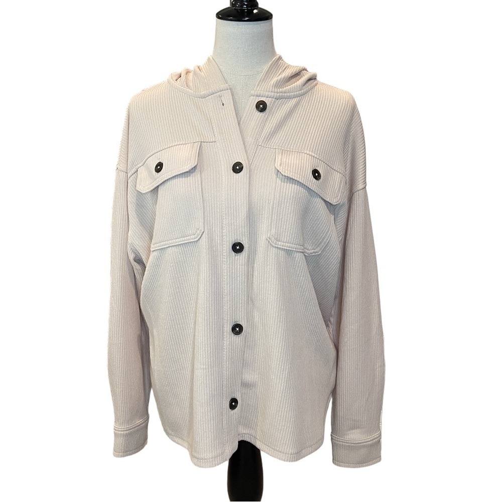 Women's‎ Time and Tru Cream Ribbed Button-Front Hoodie Sweatshirt  L